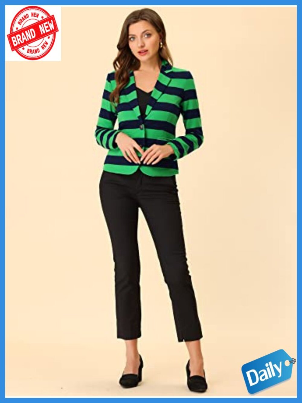 Women's Striped Blazer Button Closure Notched Lapel Knit Fabric Short Cropped - Picture 2 of 5